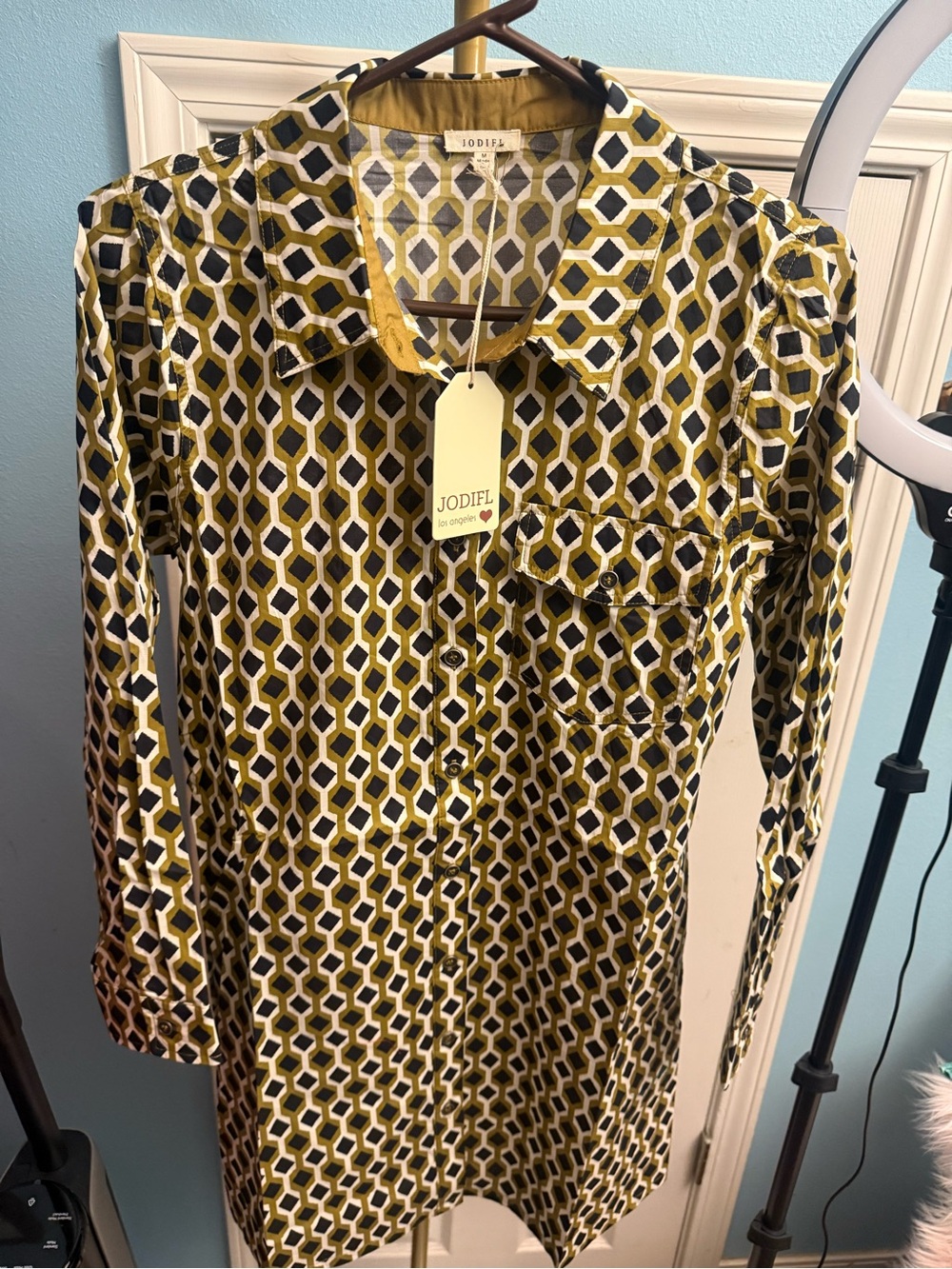 JODIFL Geometric Print Button-Up Dress in Mustard, Black, Cream
